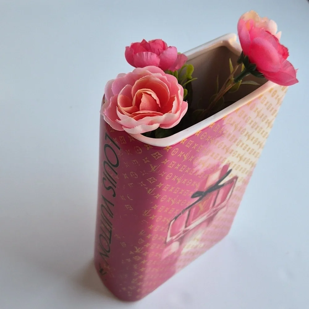 LV Themed Pink Ceramic Book Vase - Chic Home Deco